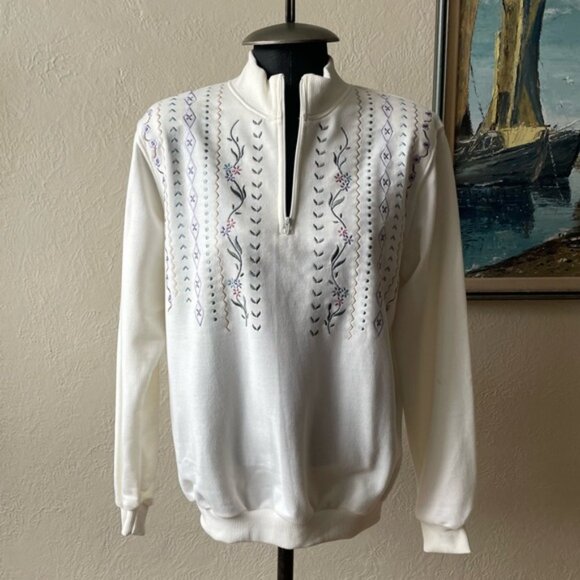 Vintage 80s embroidered cream poly cotton Tan Jay pullover sweater size small - Picture 2 of 14